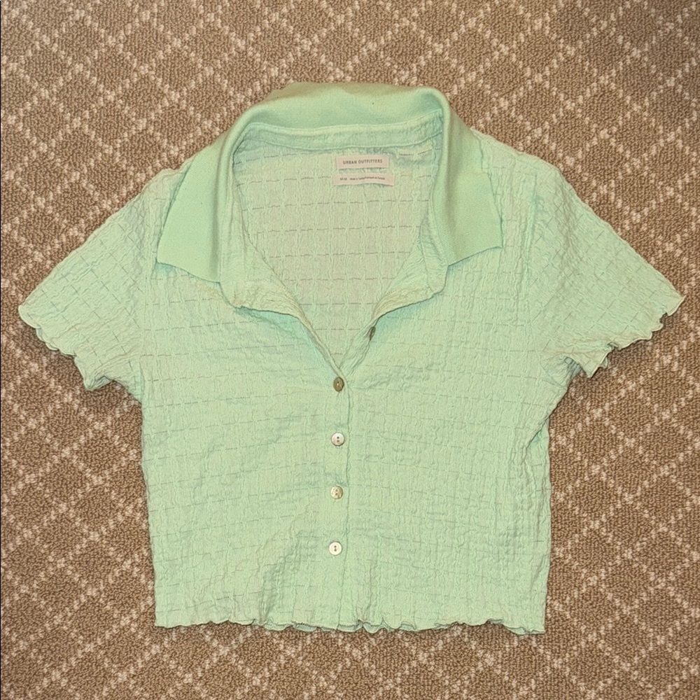 Cropped Mint Green Button-Front Polo Top